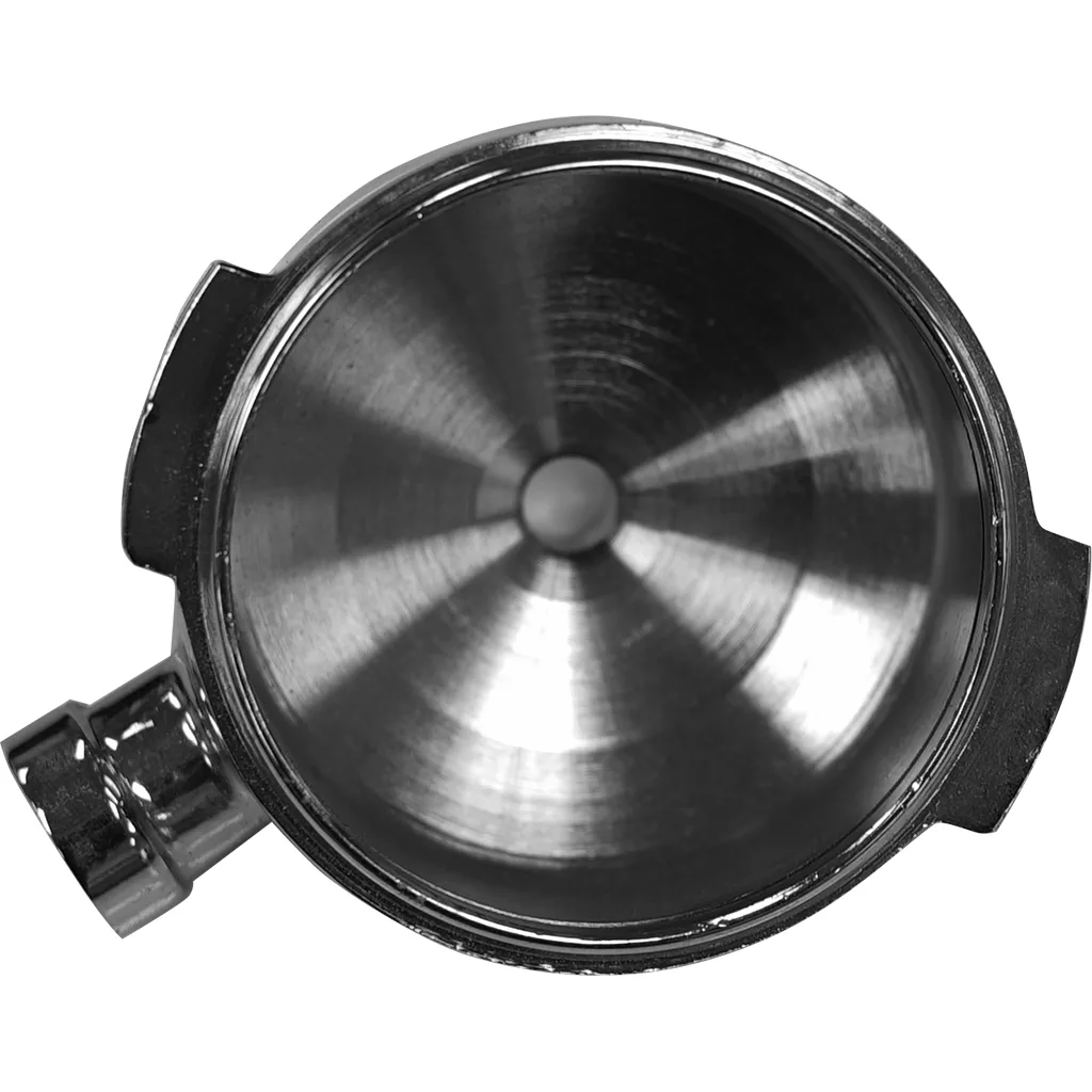 Top-down view of the Astoria FILTER HOLDER BODY, a shiny metal filter holder basket with a circular shape and a handle attachment on the left side, commonly used in Astoria coffee machines. © 2025 1st-line.com
