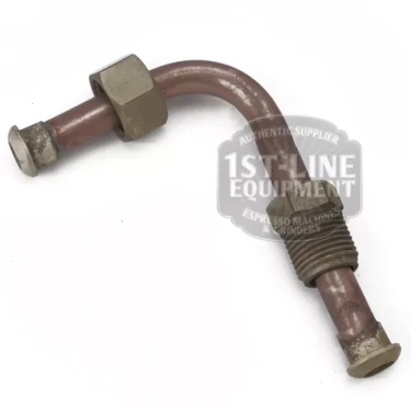The BF.645 1/2 BOILER GROUP PIPE is a curved metal pipe with threaded fittings and a hexagonal nut, used as a replacement part for espresso machines. Displayed on a white background with the 1st-Line Equipment logo watermark. © 2025 1st-line.com