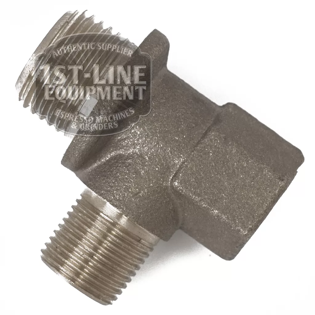 A BF.589 Boiler Upper 1/2 metal elbow fitting with male threaded ends, shown on a white background and labeled with a 1st-Line Equipment watermark across the center. © 2025 1st-line.com