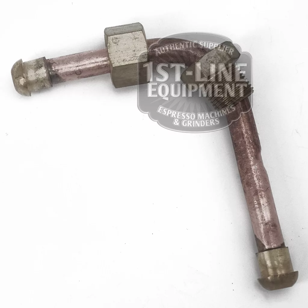 A BF.606 LEVEL UPPER PIPE metal elbow connector with threaded fittings at both ends, slightly tarnished, shown on a white background with a 1st-Line Equipment Espresso Machines & Grinders label. © 2025 1st-line.com