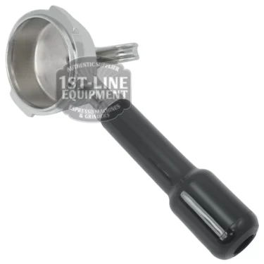 A Brasilia 1 COFFEE FILTERHOLDER with a black handle for espresso machines is displayed on a white background. The filter basket is visible, and the angled handle extends forward. © 2025 1st-line.com