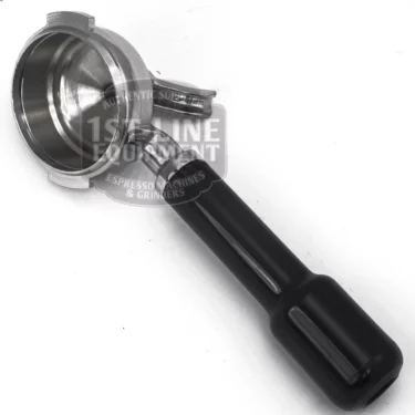 A Brasilia 1 COFFEE FILTERHOLDER with a stainless steel body and black handle rests on a white surface, angled to display its empty basket and handle. © 2025 1st-line.com