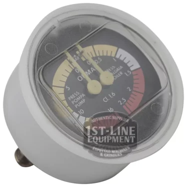 A close-up of the BE.241 2.5-16K. Gauge shows colored zones, numeric markings, and dual pointer needles, partly covered by a transparent plastic case. The 1ST-LINE EQUIPMENT logo appears at the bottom. © 2025 1st-line.com