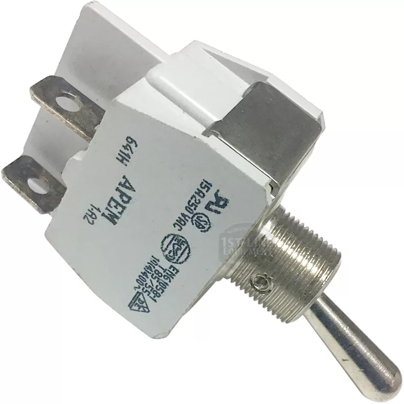 A close-up of the Isomac 000234 Power Switch shows its white plastic housing, metal toggle and terminals, and 20A 125/250VAC labeling, with an angled view highlighting both the lever and connection points. © 2025 1st-line.com