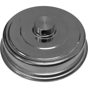 A round, metallic silver lid with concentric ridges and a central knob features a reflective surface similar to the stainless steel finish of the Ascaso I..701 57mm 1-Cup (European) Pressurized Filter Basket. © 2025 1st-line.com