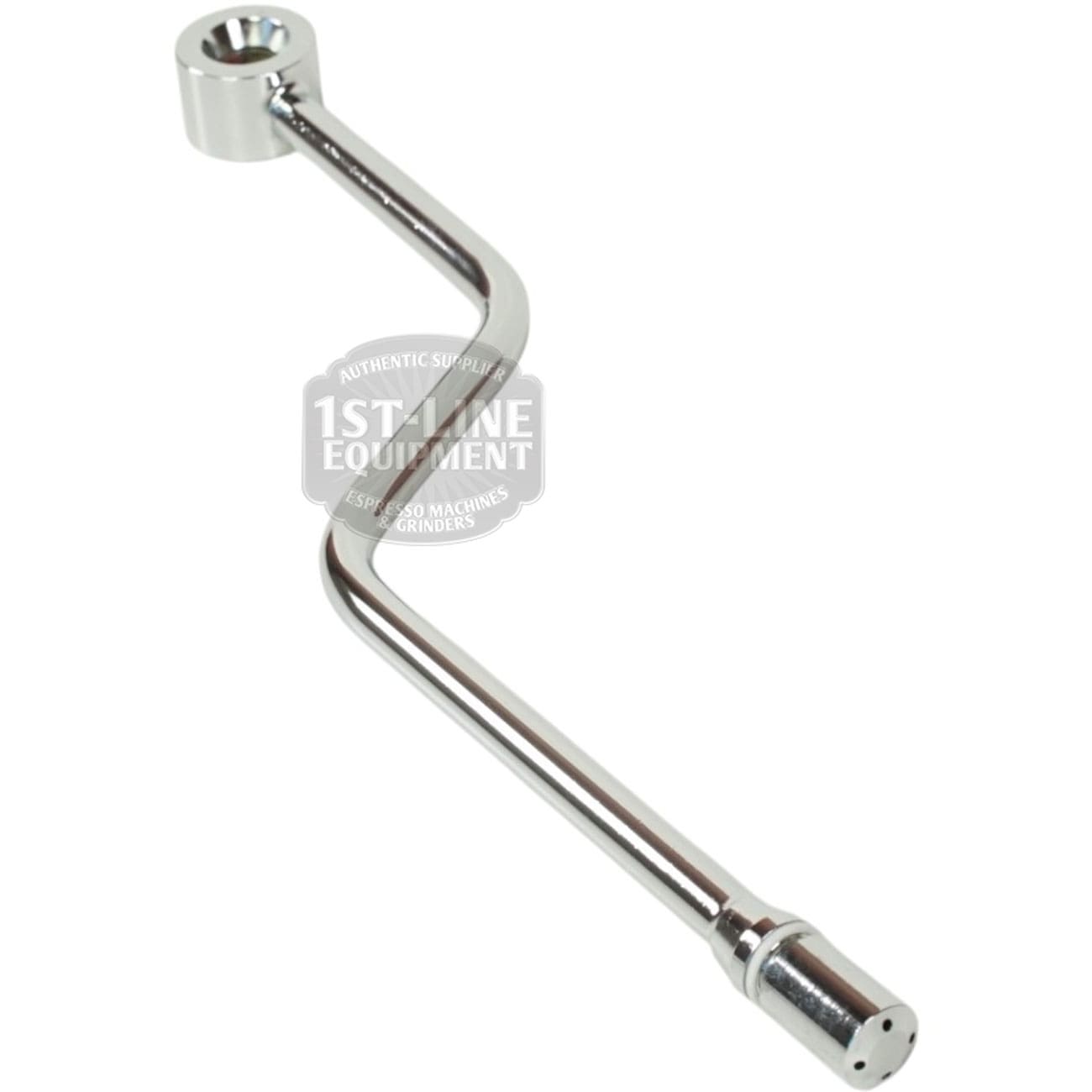 A shiny metal crank handle with an S-shaped bend, circular socket, and cylindrical end, designed for the Brasilia PORTOFINO-CENTURY STEAM PIPE, shown against a white background. © 2025 1st-line.com