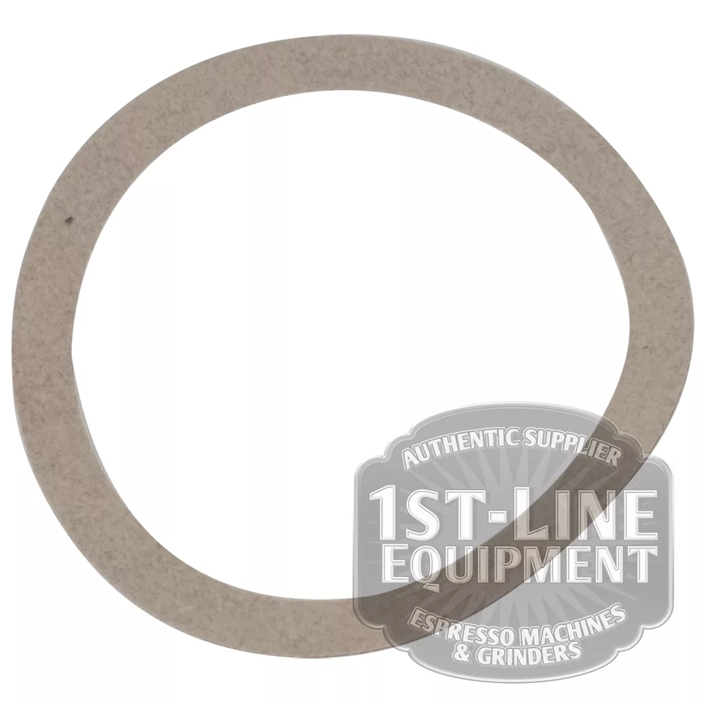A thin, circular BF..99 GROUPHEAD PAPER SHIM GASKET with an uneven edge is shown on a white background, partially overlapped at the lower right by the 1st-Line Equipment logo displaying BF..99. © 2025 1st-line.com