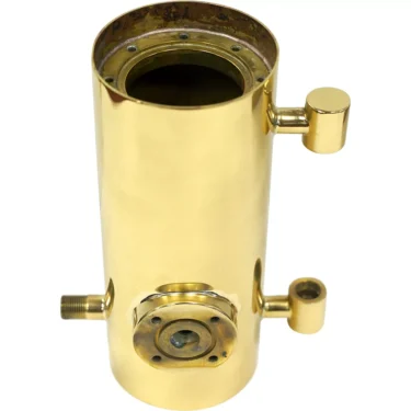 Against a white background, the Elektra 00088019 Boiler appears as a shiny, cylindrical brass object with an open top, side nozzles, and a circular front opening, resembling a vintage scientific instrument component. © 2025 1st-line.com