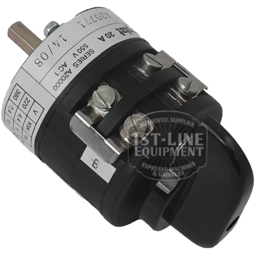BE.256 3 POSITION 20A GENERAL SWITCH with labeled terminals, voltage settings up to 500V AC1 SERIES 24000, metal contacts, and black plastic casing. © 2025 1st-line.com