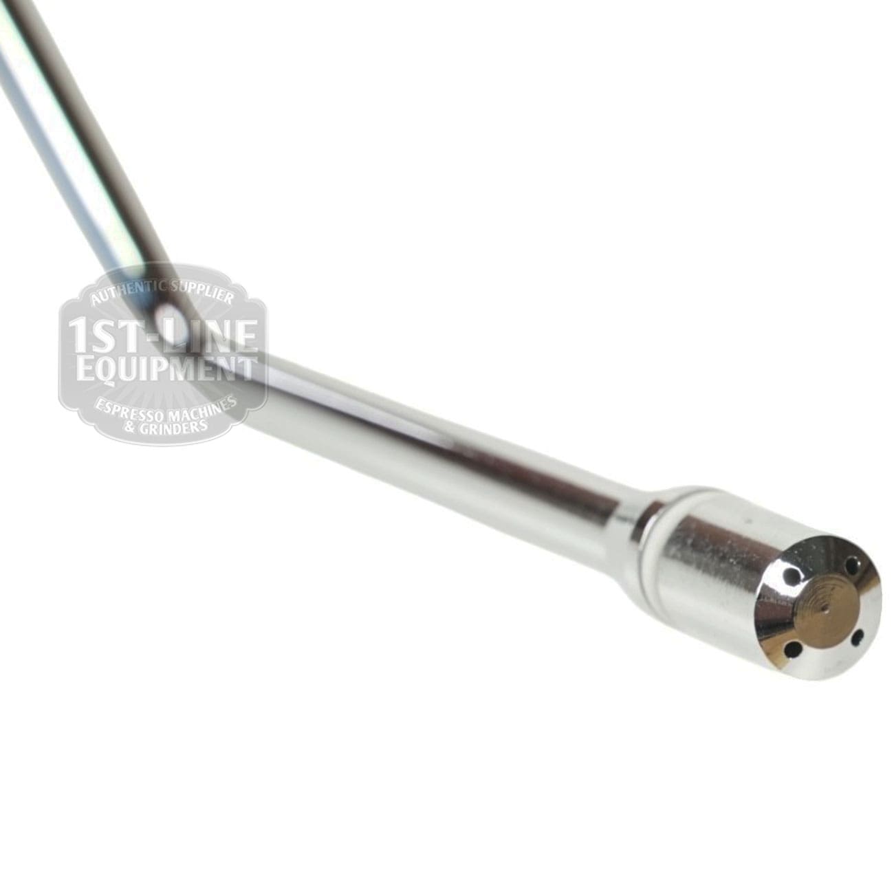 Close-up of a shiny metal Brasilia PORTOFINO-CENTURY STEAM PIPE, commonly used for frothing milk in Brasilia espresso machines, shown against a white background. © 2025 1st-line.com