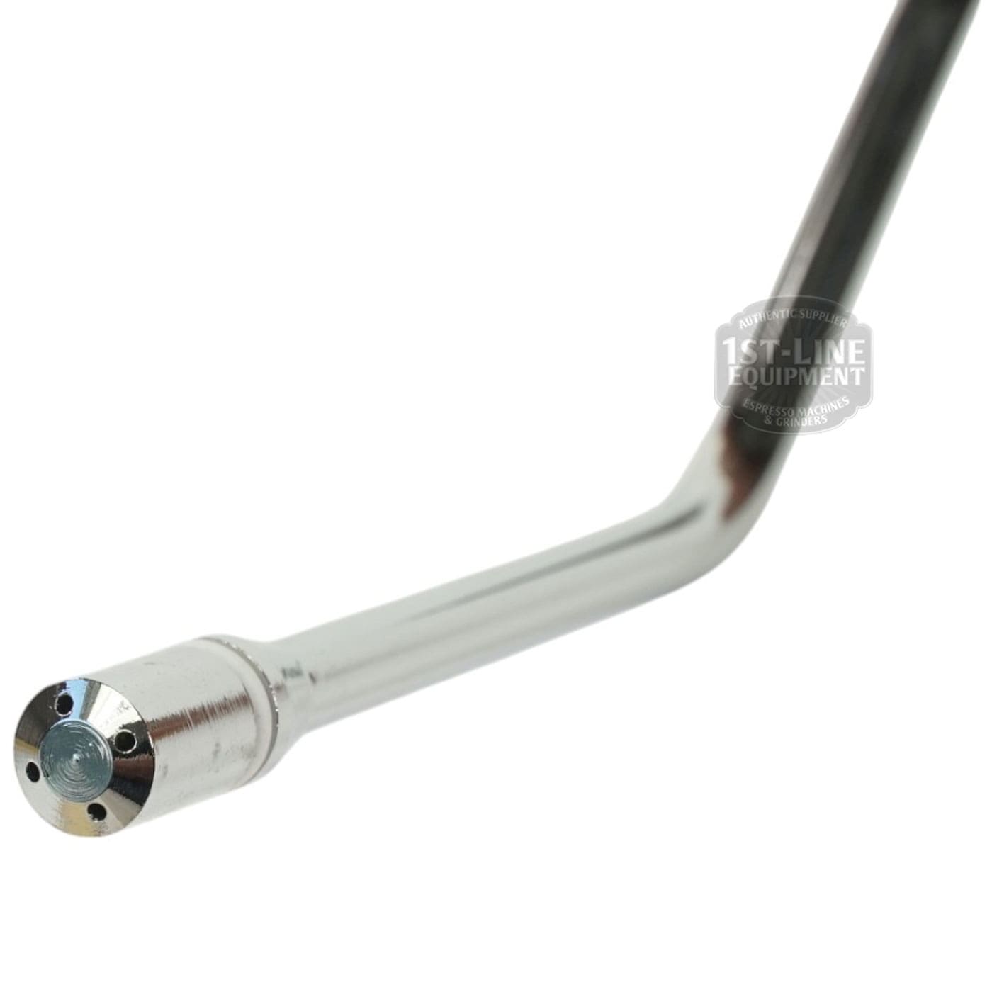 Close-up of a shiny metal Brasilia PORTOFINO-CENTURY STEAM PIPE with a nozzle tip, designed for use in espresso machines. A faint 1st-Line Equipment logo appears on the white background. © 2025 1st-line.com