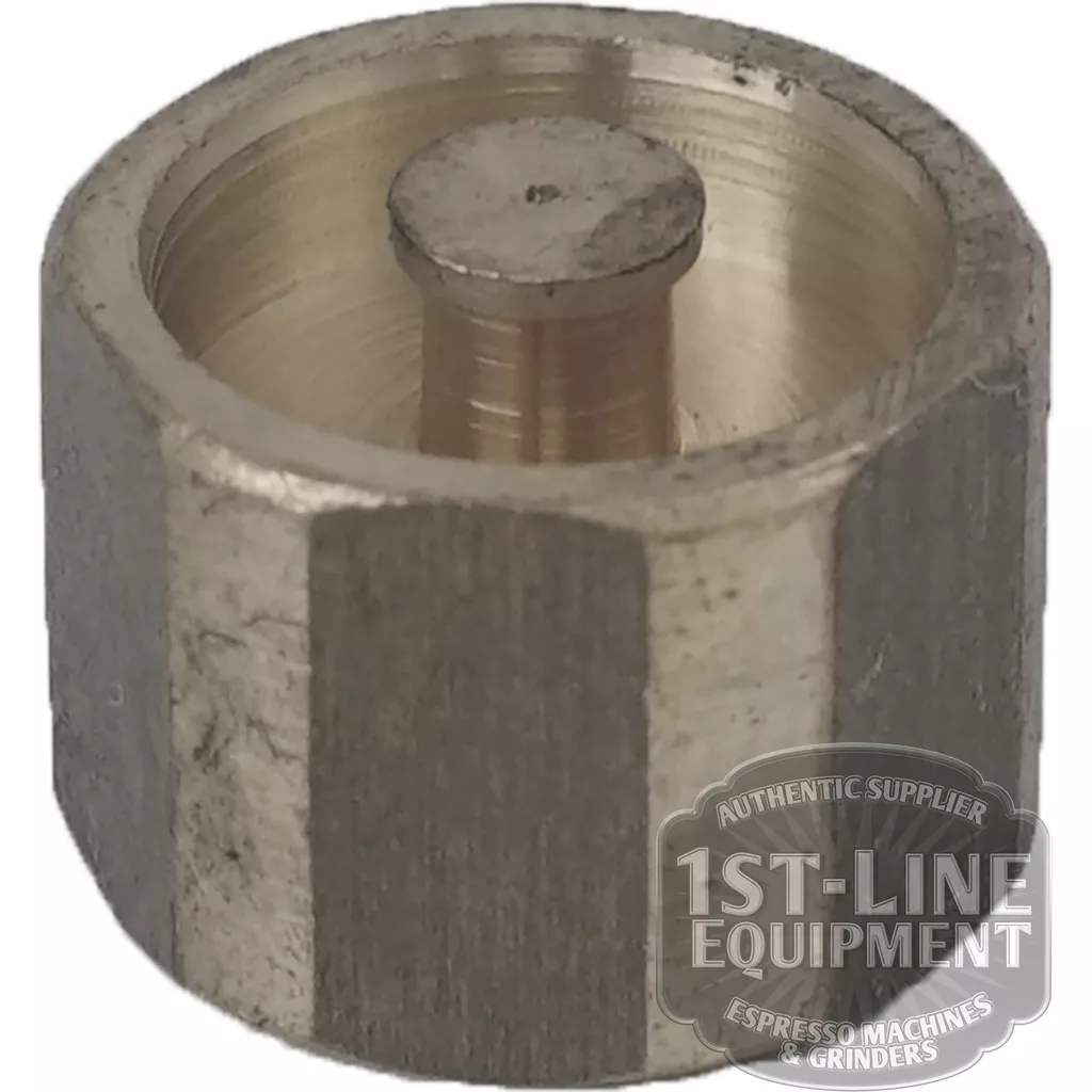 Close-up of the BF.110 GASKET HOLDER BODY, featuring a metallic, cylindrical design with a flat top, small raised center, textured hexagonal exterior, and the 1st-Line Equipment logo in the corner. © 2025 1st-line.com