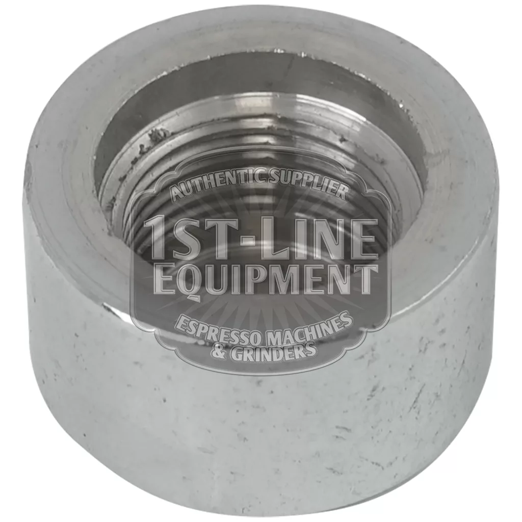 Close-up of the BF.138 TAP NUT showing its shiny, slightly reflective metal surface and internal threading. The image features a 1st-Line Equipment Espresso Machines & Grinders watermark. © 2025 1st-line.com