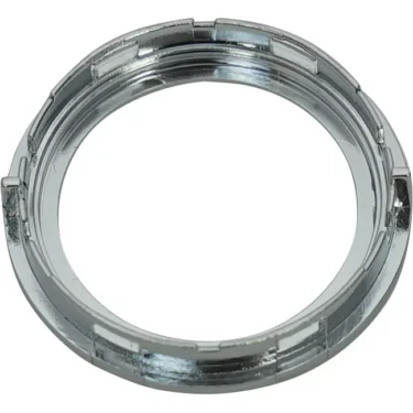 Close-up of the Lelit 3700032 Outer Ring - Smaller Gauge in chrome, featuring grooves and notches along its circular edge, viewed from above against a white background. © 2025 1st-line.com