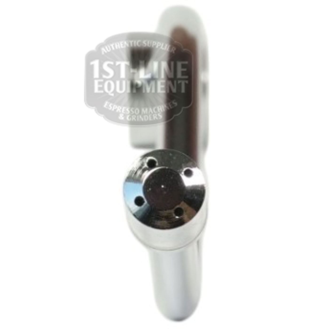 Close-up view of a metallic Brasilia PORTOFINO-CENTURY STEAM PIPE wand tip with small holes, photographed from the end. A semi-transparent 1st-Line Equipment logo watermark is over the top portion of the image. © 2025 1st-line.com