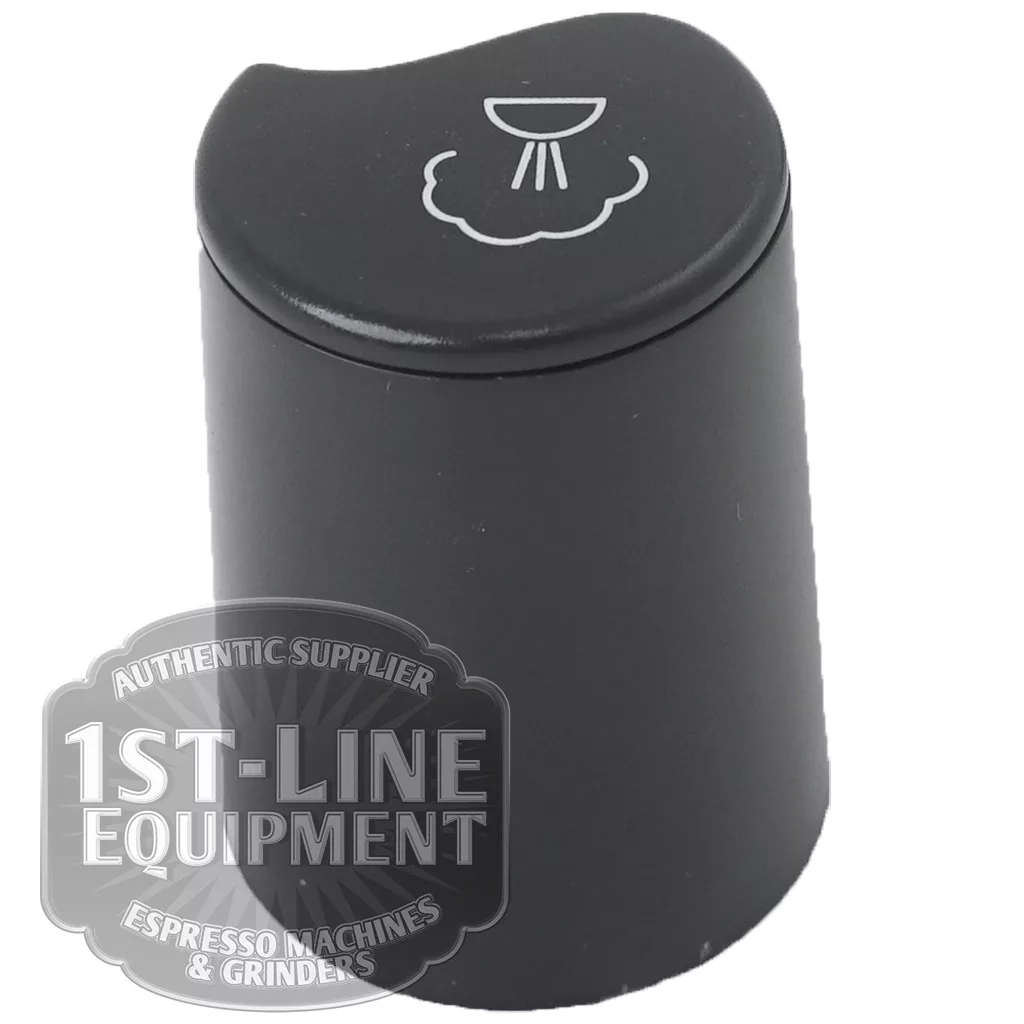 The BE.212 STEAM GREY HANDLE is a black cylindrical knob featuring a white steam or water spray icon on top, designed for espresso machines or grinders. The 1st-Line Equipment logo watermark appears in the lower left corner. © 2025 1st-line.com