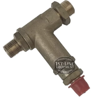 The BE.225 EXPANSION VALVE is a metal T-shaped pipe fitting with threaded ends, a red plastic cap, the 1st-Line Equipment logo, and is compatible with expansion valve systems. © 2025 1st-line.com