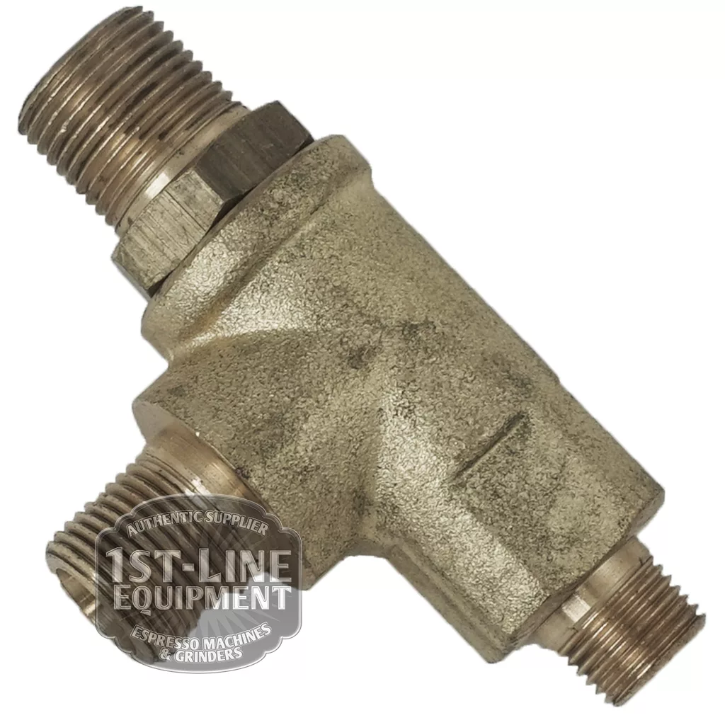 The BE.230 RETENTION VALVE is a brass T-shaped fitting with threaded male ends, commonly used for connecting pipes. Shown against a white background, the image includes a partially overlaid 1st-Line Equipment logo. © 2025 1st-line.com