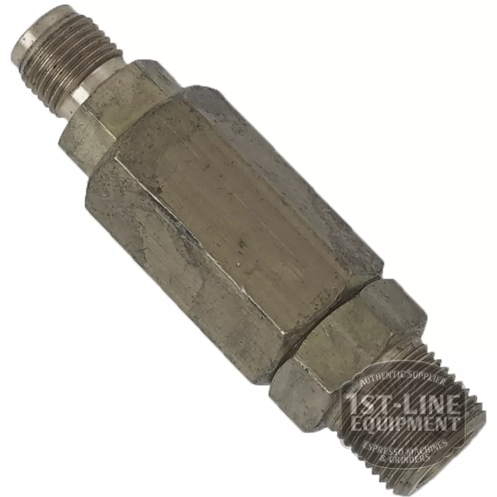 The BE.240 RETENTION VALVE is a metal hydraulic valve with threaded male fittings at both ends, a hexagonal midsection, and a slightly worn surface. The faint 123 LINE EQUIPMENT logo is on the bottom right corner. © 2025 1st-line.com