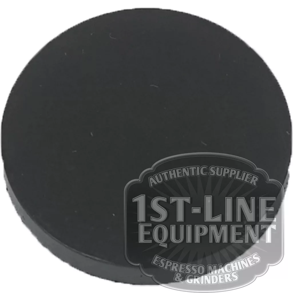 The BE.401 TAP GASKET is a round, flat, black rubber gasket with a smooth surface. A transparent overlay logo at the bottom right corner reads 1st-Line Equipment Authentic Supplier Espresso Machines & Grinders. © 2025 1st-line.com