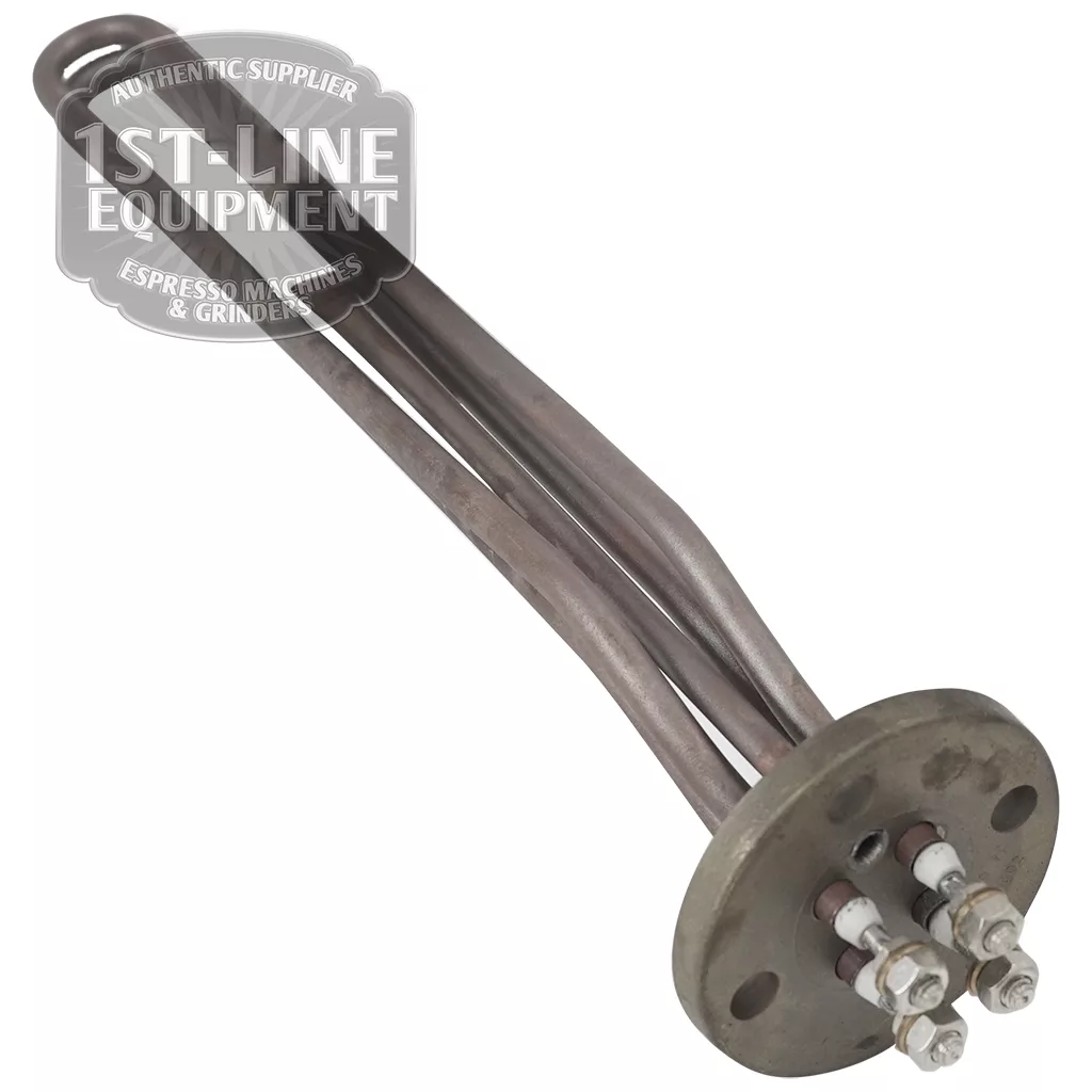 The Bezzera BE.312 ELLISSE 2GR 3000W 110V Heating Element features three metal heating rods with electrical connectors on a round base, shown on a white background with the 1st-Line Equipment logo overlaid in the top left corner. © 2025 1st-line.com