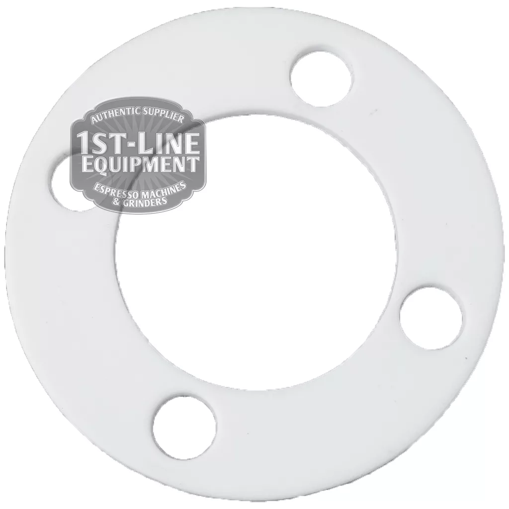The Bezzera BE.314 PTFE RESISTANCE GASKET is a white circular gasket with four edge holes, one covered by a “1st-Line Equipment, Authentic Supplier, Espresso Machines & Grinders” label. Compatible with Bezzera BE.314 models. © 2025 1st-line.com