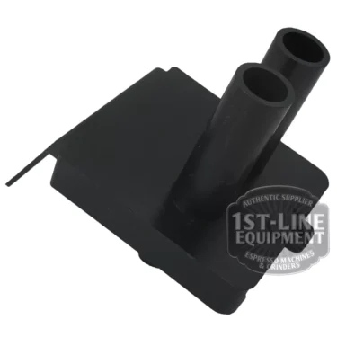 The Bezzera Drain Tank Lid is a black plastic part featuring two vertical cylindrical tubes, a flat rectangular base, and a side tab. Displayed on a white background with the 1st-Line Equipment watermark. © 2025 1st-line.com