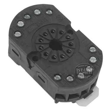 The BF.153 11 CONTACTS RELAY BASE is a black plastic socket with multiple screw terminals, numbered positions, and a central circular opening—shown from above on a white background. © 2025 1st-line.com