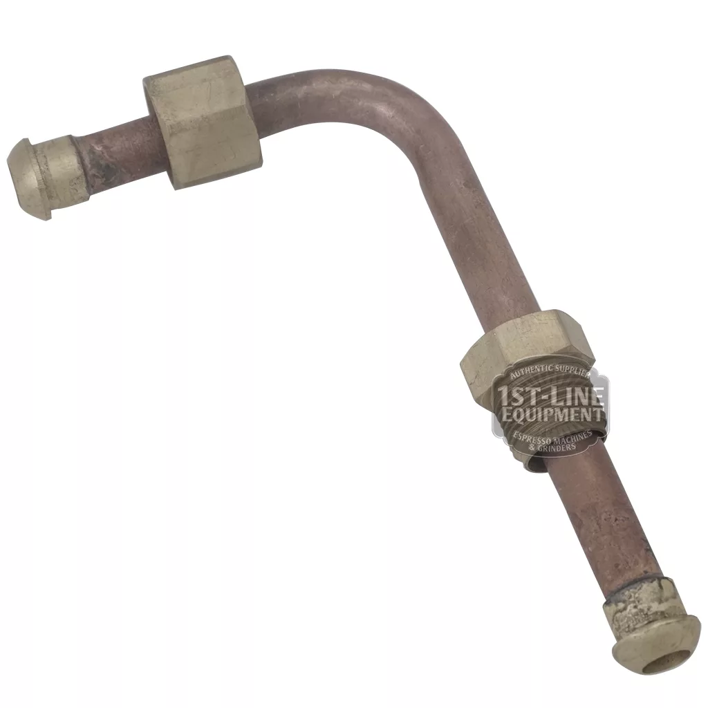 The BF.169 BOILER TO GROUP PIPE, featuring two large hexagonal metal fittings and capped ends, is photographed on a white background—a key component for espresso machine maintenance. © 2025 1st-line.com