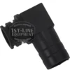 The BF.282 DRAIN TUB FITTING is a black plastic elbow connector with ribbed ends, designed for right-angle connections. The image features a 1st-Line Equipment Authentic Supplier Espresso Machines & Grinders watermark. © 2025 1st-line.com