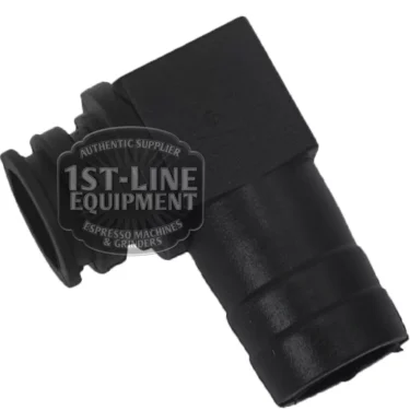 The BF.282 DRAIN TUB FITTING is a black plastic elbow connector with ribbed ends, designed for right-angle connections. The image features a 1st-Line Equipment Authentic Supplier Espresso Machines & Grinders watermark. © 2025 1st-line.com