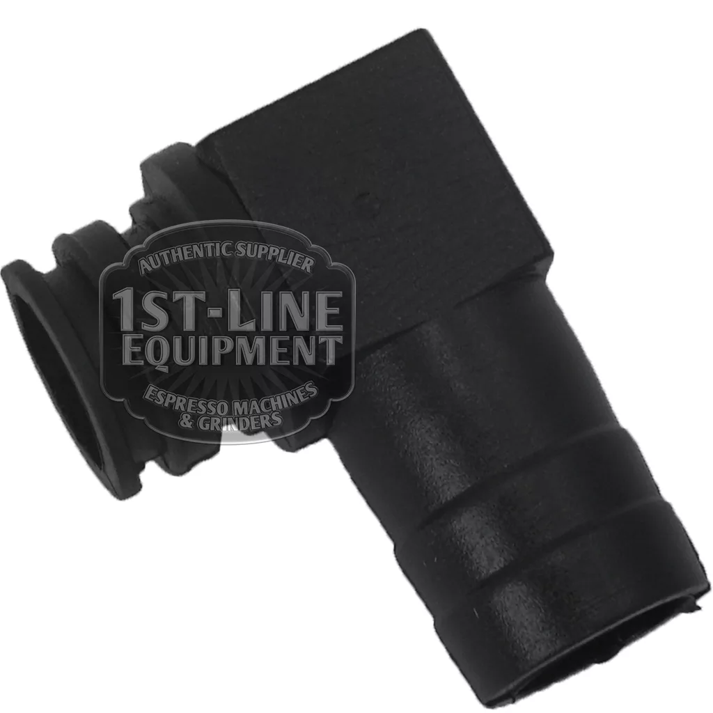The BF.282 DRAIN TUB FITTING is a black plastic elbow connector with ribbed ends, designed for right-angle connections. The image features a 1st-Line Equipment Authentic Supplier Espresso Machines & Grinders watermark. © 2025 1st-line.com