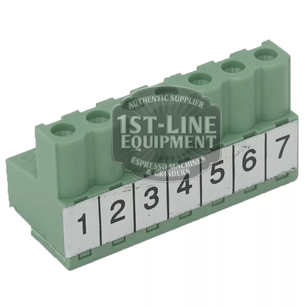 The BF.307 7 PINS CONECTOR is a green electrical terminal block with 7 numbered connection points (1–7) and the 1st-Line Equipment logo—ideal as a connector for various applications. © 2025 1st-line.com
