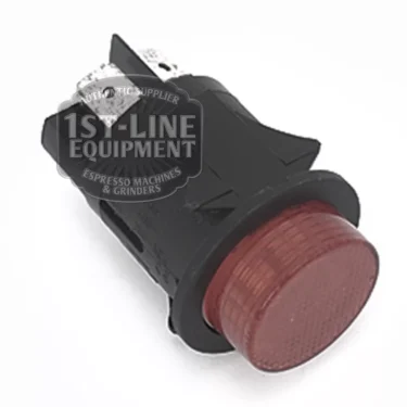 The BF.520 RED UNIPOLAR PUSH-BUTTON, a red rocker switch with a black housing and metal prongs, designed for espresso machines or grinders, is shown on a white surface. © 2025 1st-line.com