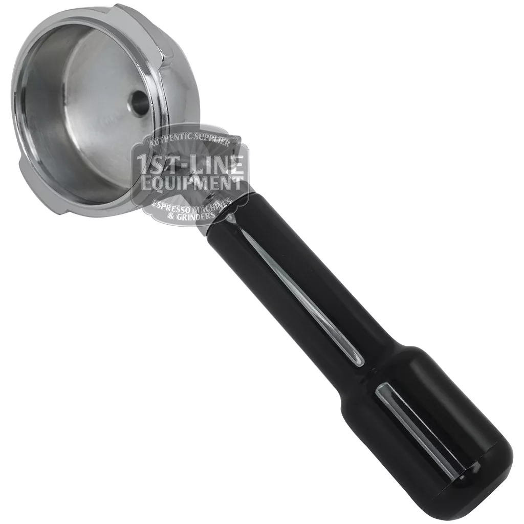 The Brasilia 2-CUP FILTERHOLDER, a metal espresso portafilter with a shiny black handle, is shown empty and angled on a white background. A semi-transparent 1st-line equipment watermark appears. © 2025 1st-line.com