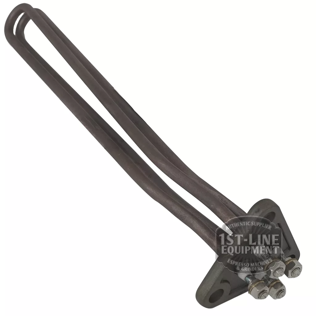 The Brasilia BF.195 RESISTANCE 2GR 3000W 110V is a metal heating element with two bent rods, a triangular base plate, bolts, and connectors—ideal for replacement in Brasilia BF.195 espresso machines; labeled “1st-Line Equipment.”. © 2025 1st-line.com
