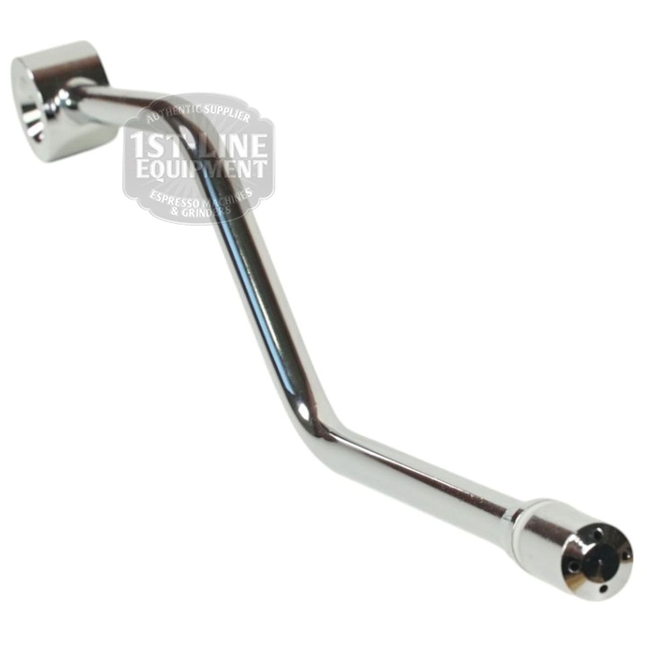 The Brasilia PORTOFINO-CENTURY Steam Pipe is a chrome-plated, angled steam pipe with a small round nozzle for frothing milk on espresso machines. Shown against a white background, it’s an ideal replacement part. © 2025 1st-line.com
