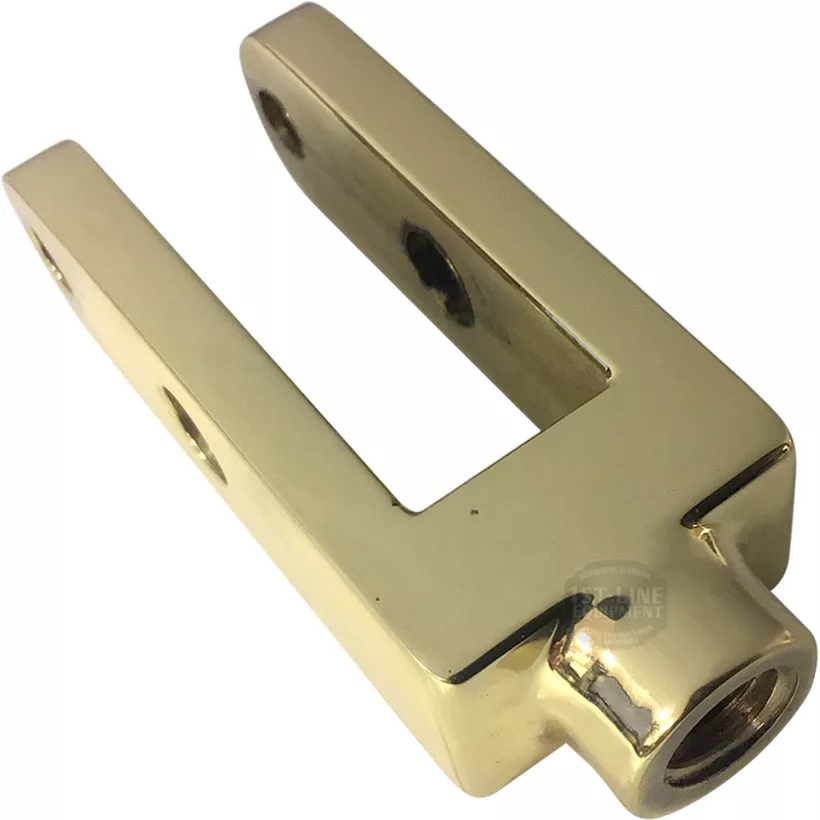 The Elektra 00178019 Brass Lever Fork is a shiny gold-colored fork with two parallel arms, a rectangular center opening, and a threaded hole at the base. © 2025 1st-line.com