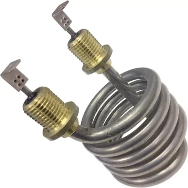 The Isomac 000630 1000W 115V heating element features two screw-threaded brass connectors and flat prongs for electrical attachment; its commonly used in water heaters and similar appliances. © 2025 1st-line.com