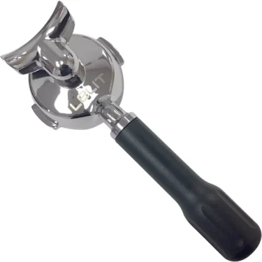 The Lelit PLA586S 58mm Dual Spout Portafilter features a black handle and metal body, photographed on a white background with the letters LBILT visible on its metal part. © 2025 1st-line.com