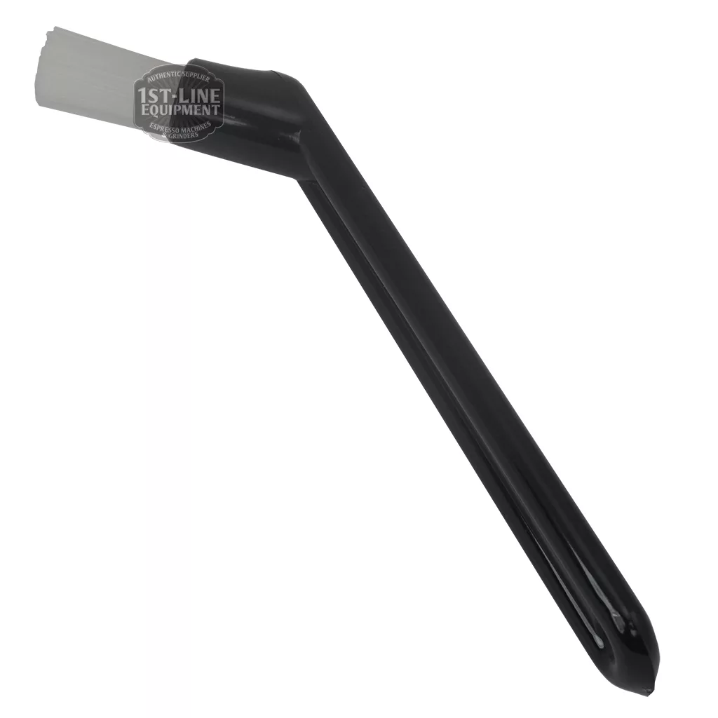 The Coffee Shower Cleaning Nylon Brush in Black by 1st-line features a long handle and angled white bristles, ideal for cleaning coffee showers and hard-to-reach espresso machine group heads. © 2025 1st-line.com