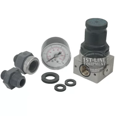 A BWT Bestmax Pressure Regulator / Reducer with Gauge, featuring metal connectors, rubber washers, and an adjustment knob is arranged on a white background; the gauge shows pressure in psi and bar for precise control. © 2025 1st-line.com