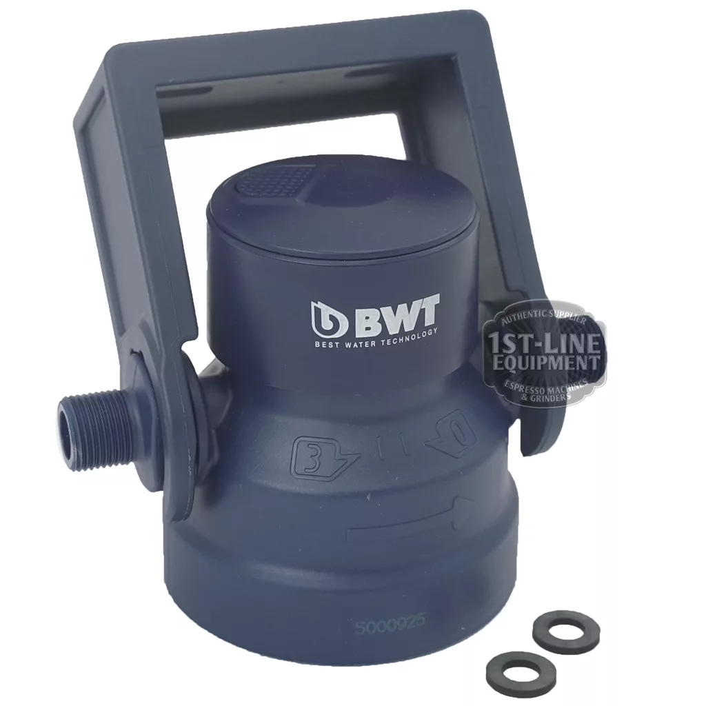 A BWT Bestmax Water Filter Head T W/O Non-Return Valve in blue, featuring a handle, side hose connector, embossed markings, and two black O-rings beside it, displayed on a white background. © 2025 1st-line.com
