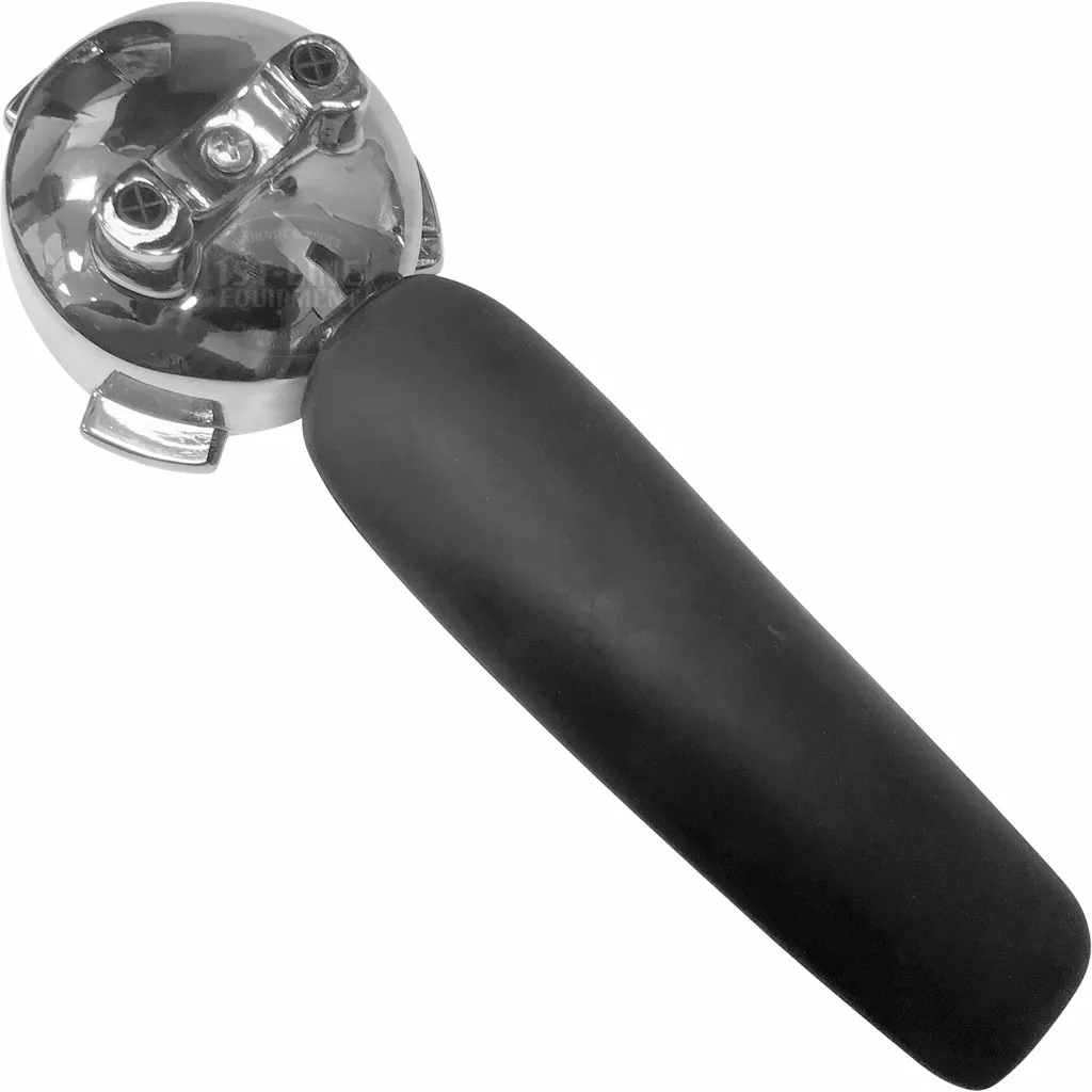 A metal can opener with a large black handle, viewed from above on a white background—similar in style to the DISCONTINUED Bodum 01-3020-01-921 Dual Spout Portafilter. © 2025 1st-line.com