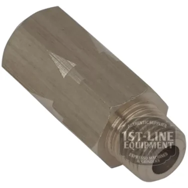 A Non-Return Valve In 1/8M - Out 1/8F by 1st-line, used for connecting components in espresso machines, is shown laying on its side. The image features a watermark with the 1ST-LINE EQUIPMENT logo. © 2025 1st-line.com