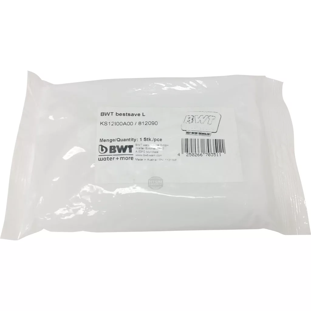 A sealed white plastic pack labeled DISCONTINUED BWT Bestsave L Water Tank Softening Pack (200 L Capacity) features product details, barcode, and BWT branding on a white sticker. Designed for water filter accessory use. © 2025 1st-line.com