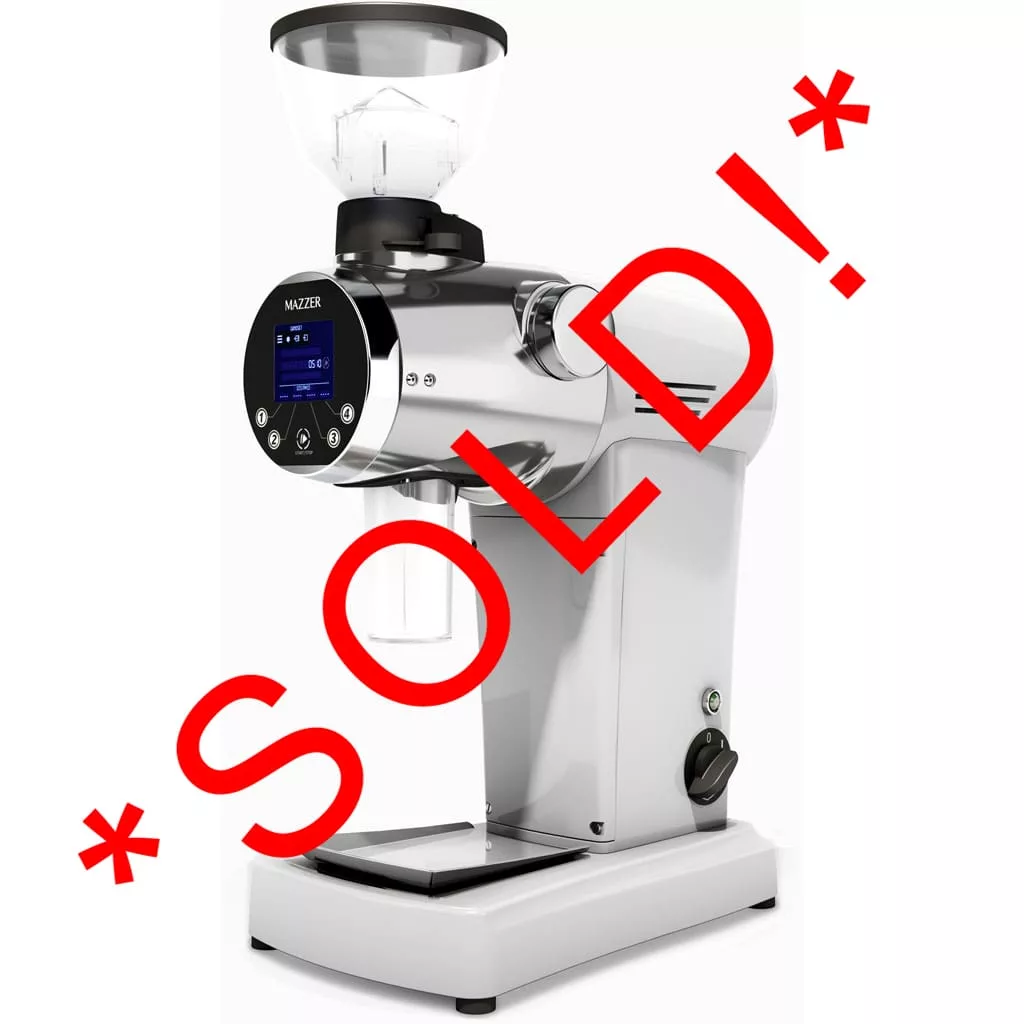 A sleek white DISCONTINUED Mazzer ZM Filter Coffee Grinder with digital display and clear hopper, featuring large red text across the image that reads “*SOLD!*”. © 2025 1st-line.com