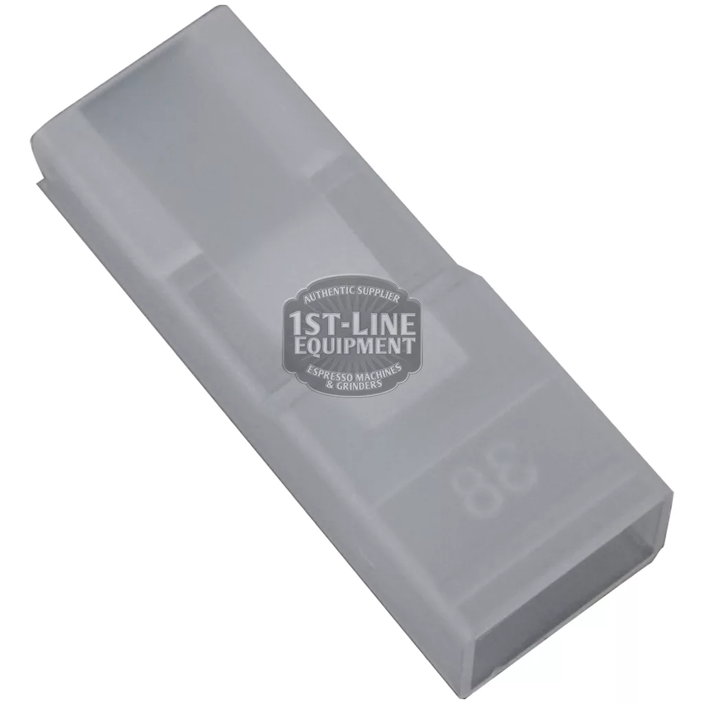 A translucent rectangular 1st-line Female Terminal Protector - Nylon with beveled edges rests on a white background. The number 38 is faintly visible, and a circular logo states 1ST-LINE EQUIPMENT Espresso Machines & Grinders. © 2025 1st-line.com