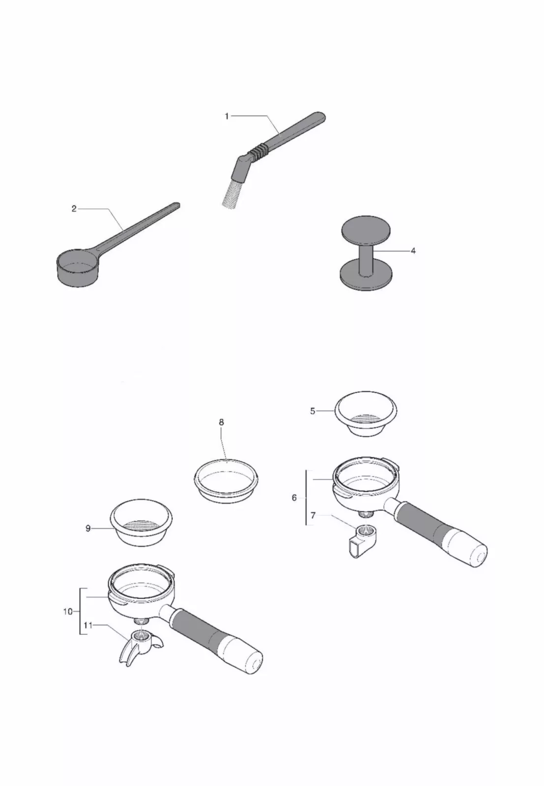 Black and white illustration showing coffee tools: a measuring spoon, cleaning brush, tamper, portafilter, single and double filter baskets, and exploded views of assembly parts with labels. © 2025 1st-line.com