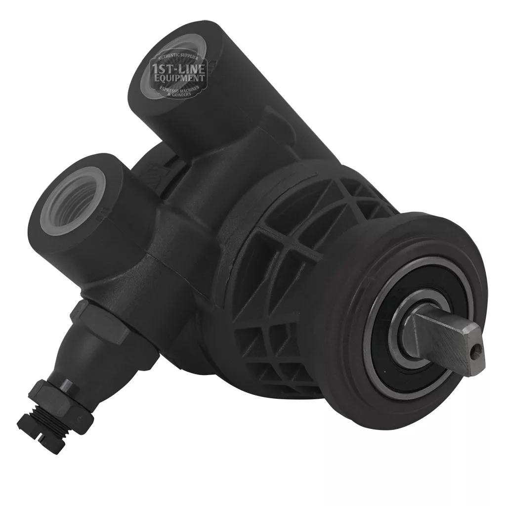 Black Ode PPS Plane Rod Pump 150 L/H 3/8 Gas - NSF Certified, featuring a circular bearing, hexagonal shaft, and threaded connector; labeled “1st Line Equipment” on top. Shown isolated on a white background. © 2025 1st-line.com